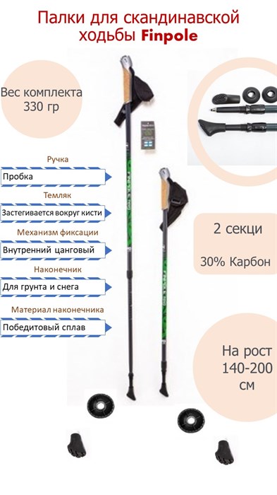 Палки для скандинавской ходьбы Finpole NOVA 30% Carbon серо-зеленые - фото 26138